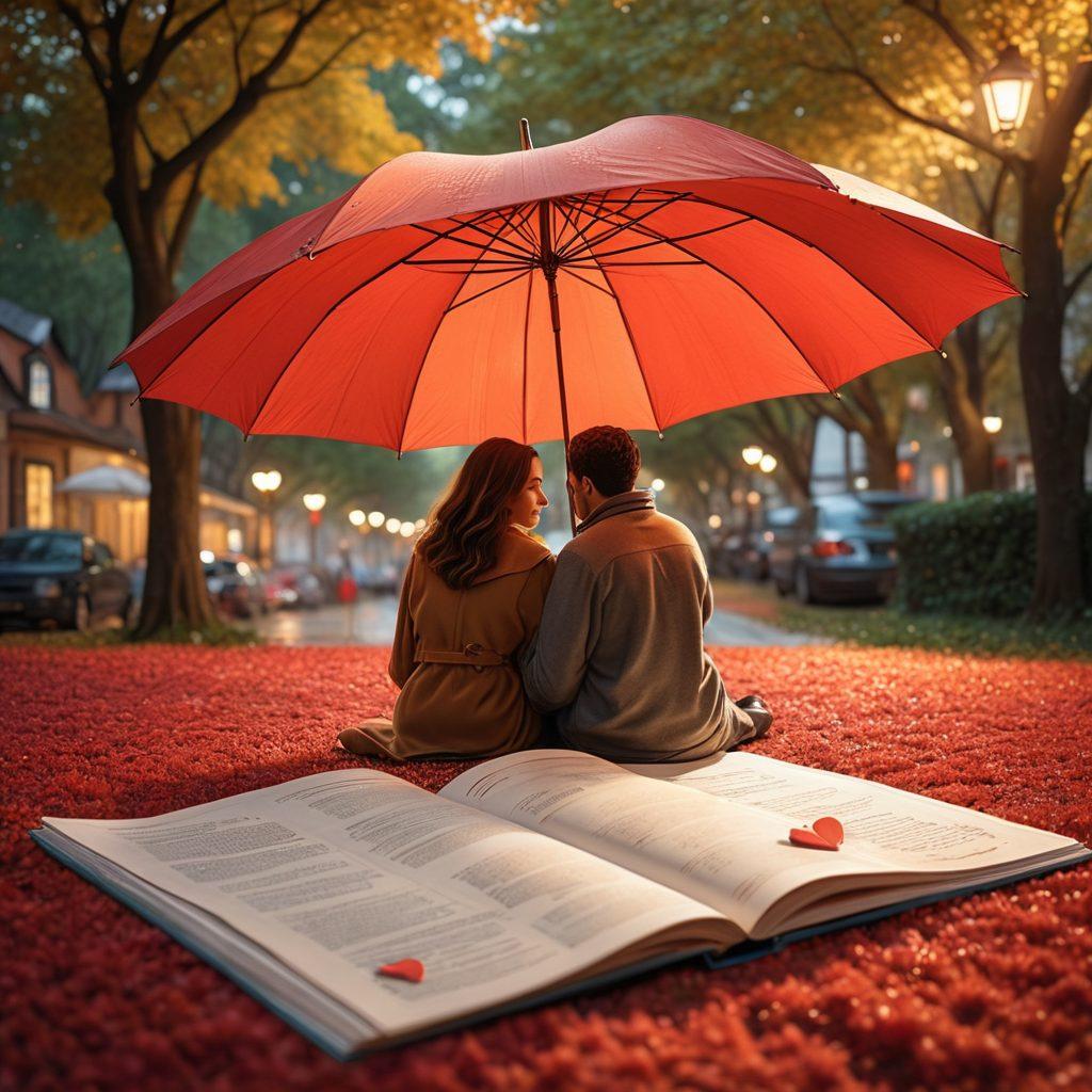A cozy scene featuring a couple sitting together with a heart-shaped umbrella shielding them from various symbols of protection like an umbrella, a shield, and insurance documents in the background. The atmosphere should evoke warmth and trust, with soft lighting and a gentle color palette that conveys security and love. super-realistic. vibrant colors. soft focus.