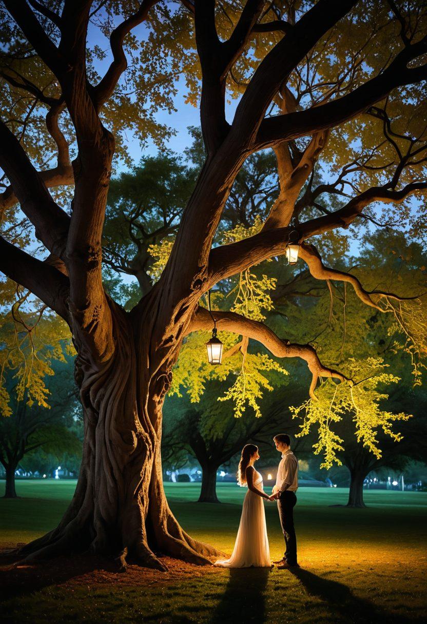 A romantic couple standing in a peaceful park, surrounded by soft glowing lights, symbolizing love and warmth. In the background, a sturdy, ancient tree represents stability and security, with lush greenery around them. The couple gazes at each other lovingly, while a gentle breeze creates a sense of connection. The scene is bathed in a warm twilight glow, evoking a sense of harmony between romance and safety. super-realistic. vibrant colors. dreamy atmosphere.